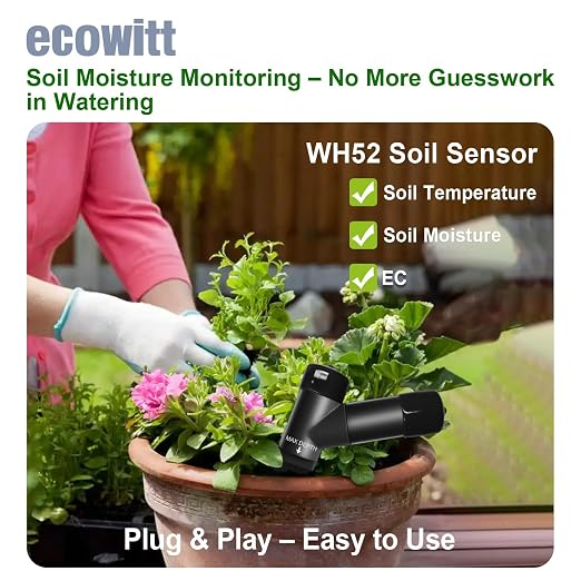 ECOWITT WH52 Soil Meter, Soil Moisture/Temperature/EC 3-in-1 Sensor, Sensor Only, Need to Pair with A Gateway or Console, 915 MHz