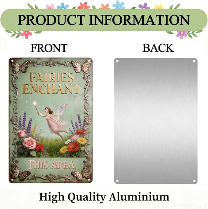 2D Flat Funny Garden Signs, Fairies Enchant This Area Vintage Garden Decor, Outdoor Wall Decor for Patio Yard Greenhouse Home, Waterproof Garden Gifts 8x12 Inch