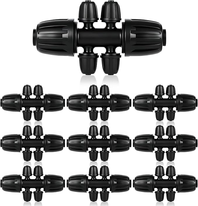 1/2 Inch to 1/4 Inch Tubing Irrigation Fittings for (1/2'' ID x 0.60''-0.63'' OD) 16mm Drip Tubing,Locked Barbed Tee Connectors (10 Pcs Barbed Tee 6-Way)