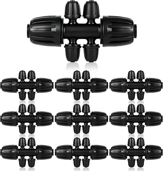 1/2 Inch to 1/4 Inch Tubing Irrigation Fittings for (1/2'' ID x 0.60''-0.63'' OD) 16mm Drip Tubing,Locked Barbed Tee Connectors (10 Pcs Barbed Tee 6-Way)