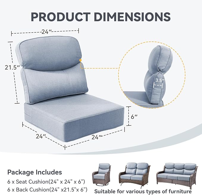 Outdoor Cushion Set for Patio Furniture, UV Resistant, Water Resistant - 6 Inch Thick Dual Layer Back Support Cushions– 24x24 Inch Patio Seat Covers for Chair/Sofa/Couch | Baby Blue | 6-Pack |