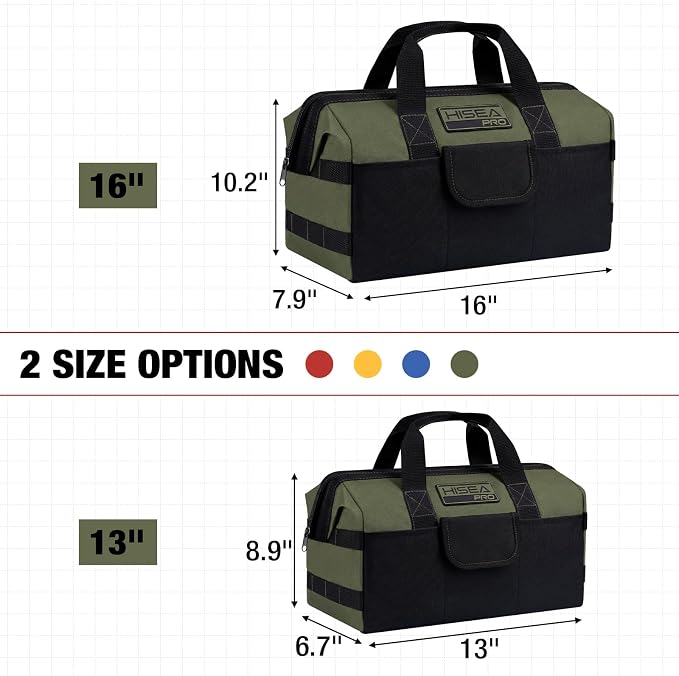 HISEA 3 Pack Heavy Duty Tool Bag with Storage Pockets, 13-Inch Tools Organizer Tote with Wide Base, Waterproof Durable Tool Bags with Zipper for Electrician, Tradesman (Geen)