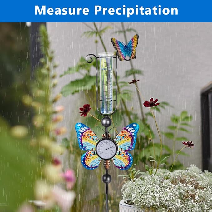 Rain Gauge Outdoor with 7 Inch Tube, Rain Gauges with Thermometer Waterproof Measure Gauge Decor for Yard, Garden, Lawn(Butterfly)