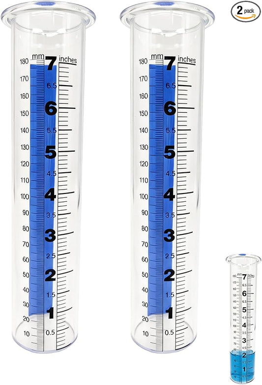 7 Inch Rain Gauge Replacement Tube - Clear Plastic Outdoor Measuring Cylinder for Garden & Yard, Weather-Resistant PS Tube with 0.1-Inch Graduations for Standard Rain Gauge Holders (2-Piece)