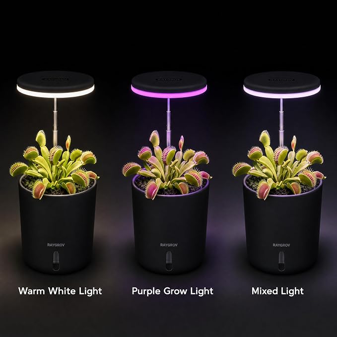 Self-Watering Planter with Grow Light, Smart Indoor Pot for Venus Fly Trap, Carnivorous Plants, African Violet, Cat Grass, Catnip & Herbs, 2-in-1 Wall + Desktop, USB 5W Full Spectrum LED