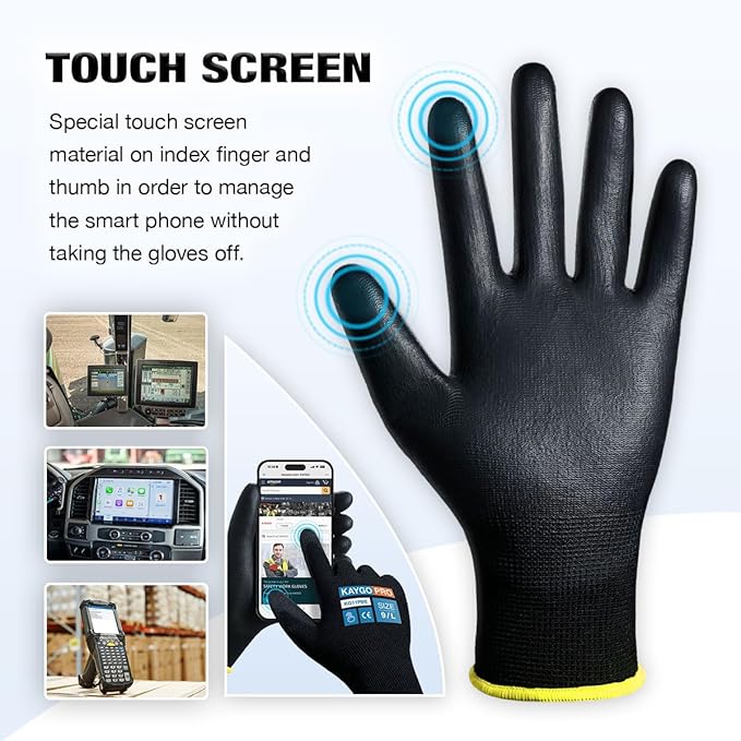 Work Gloves PU Coated for Men and Women, 12 Pairs Safety Work Gloves with Two Fingers Touchscreen, Breathable and Lightweight,Ideal for Light Warehouse, Manufacturing, Gardening, KG11P (M, Black)