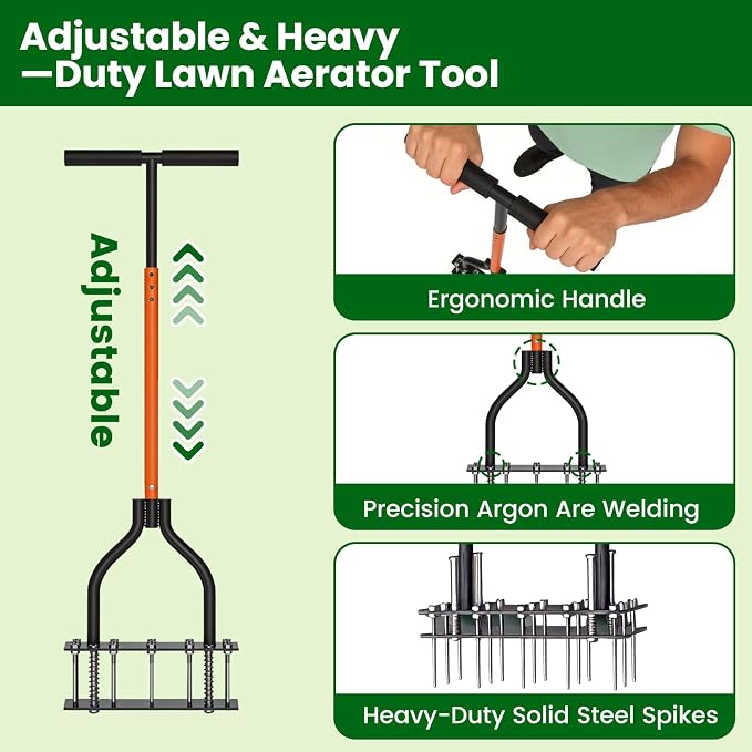 Manual Lawn Aerator Tool, Automatic Dirt and Leaf Clean Design, with 15 Iron Spikes Adjustable Height, Double-Layer Spring, for Loosening Soil Aerating Patio, Yard, Garden, (Black)