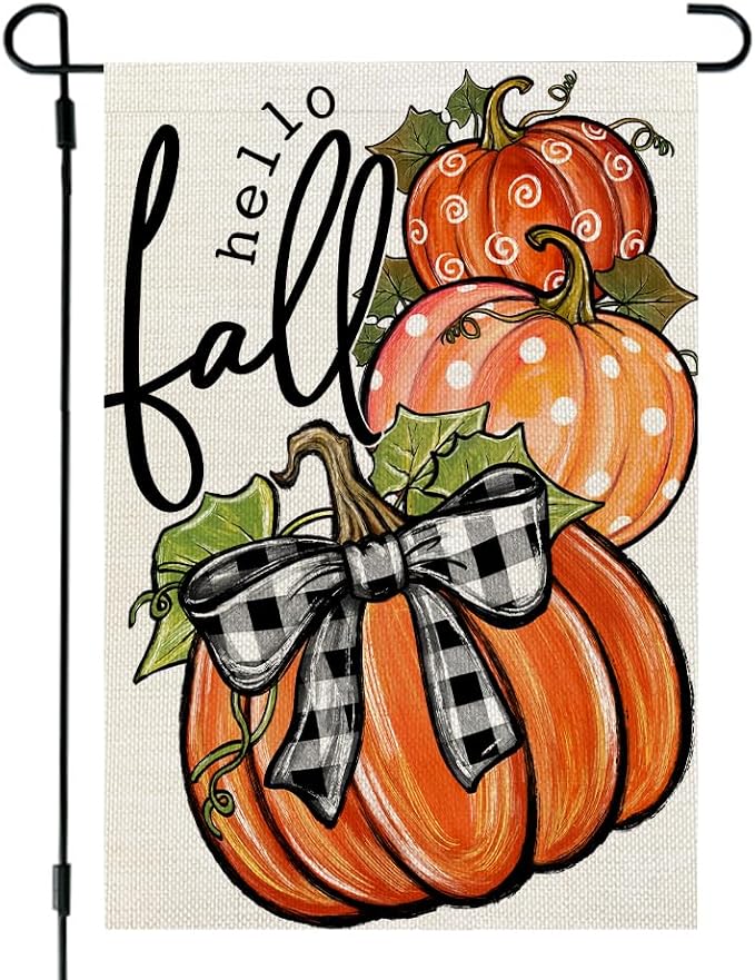 CROWNED BEAUTY Fall Welcome Pumpkins Garden Flag for Outside 12x18 Inch | Weather resistant, double-sided small yard flag. Features three pumpkins for outdoor seasonal fall decor