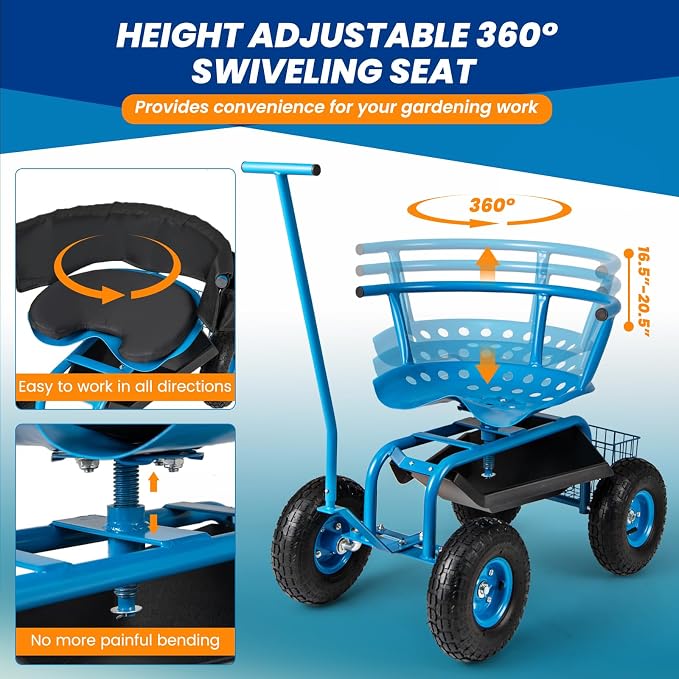 Giantex Garden Cart, Rolling Workseat with 4 Wheels, Tool Tray, Removable Cushion, Storage Basket, 2 Handles, Adjustable Height & 360 Swivel Work Seat, Gardening Stool for Patio Lawn (Blue & Black)