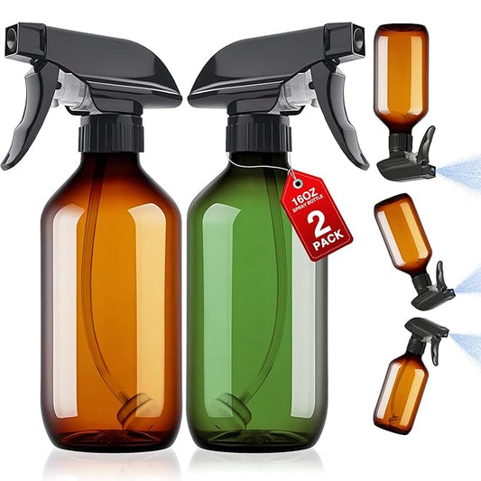 2 Packs Plastic Spray Bottles 360°Water Spray Bottle for Cleaning - 16.9 oz/500 ml Upside Down Spray Bottle Small Squirt Bottle with Adjustable Nozzle for Hair, Cooking, Plant, Pet (Brown + Green)