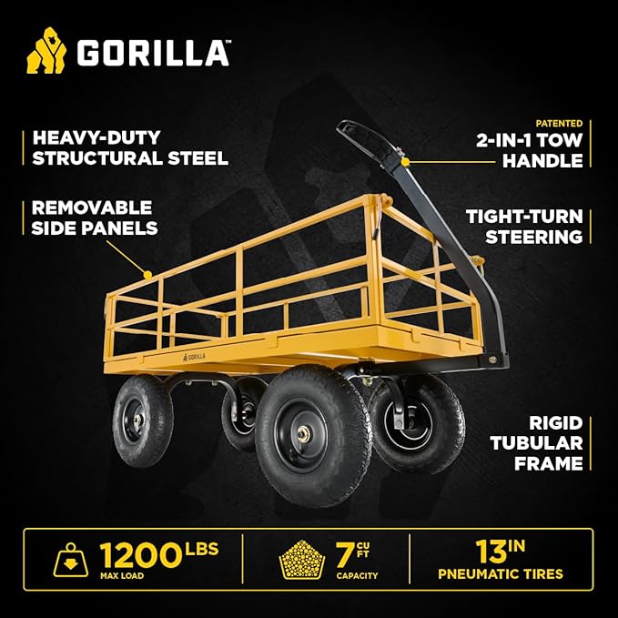 Gorilla Carts Heavy Duty, All Terrain Garden Wheelbarrow, 1200 Lb, Yellow - Gardening Equipment for Yard, Lawn, and Outdoor Use