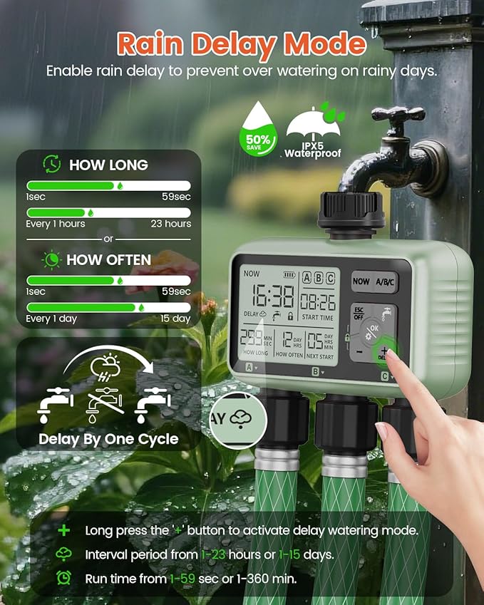 Sprinkler Timer 3 Zone Water Timer for Garden Hose Programmable Outdoor Hose Faucet Controller with Rain Delay Manual and Automatic Irrigation Controller System Low Battery Warning for Lawn Yard