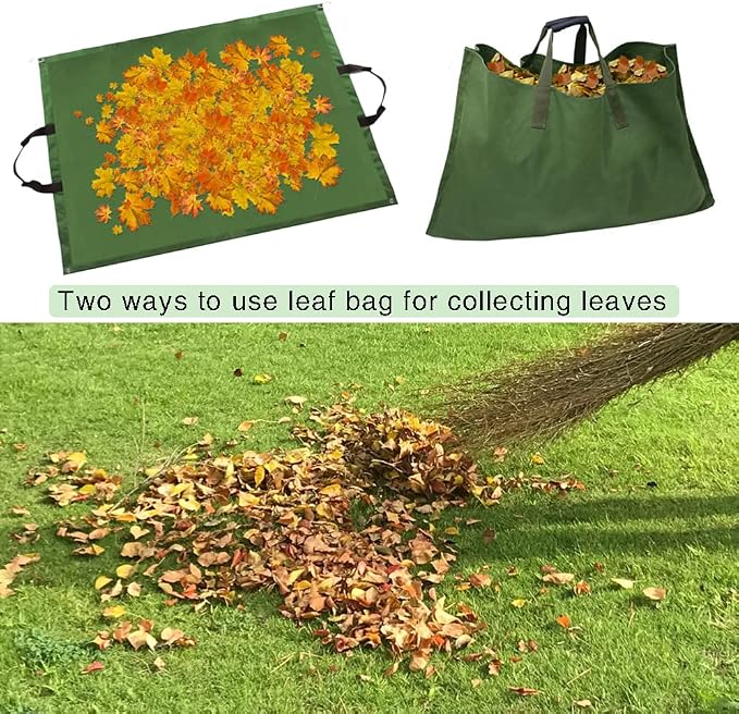 Leaf Bag for Collecting Leaves Reusable Garden Yard Waterproof 2 IN 1 Waste Bags Leaf Tarp Trash Canvas Heavy Duty Storage Lawn Container Collapsible with Handle (Green 2)
