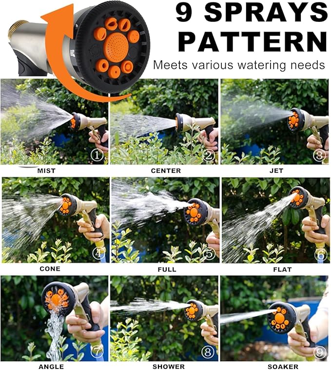Gareden Hose Nozzles 9 Adjustable Patterns Hose Spray Nozzle Heavy Duty Metal Hose Nozzle Spray High Pressure Slip Resistant Water Sprayer for Cleaning/Watering Lawn Garden/Pets Shower/Car Washing