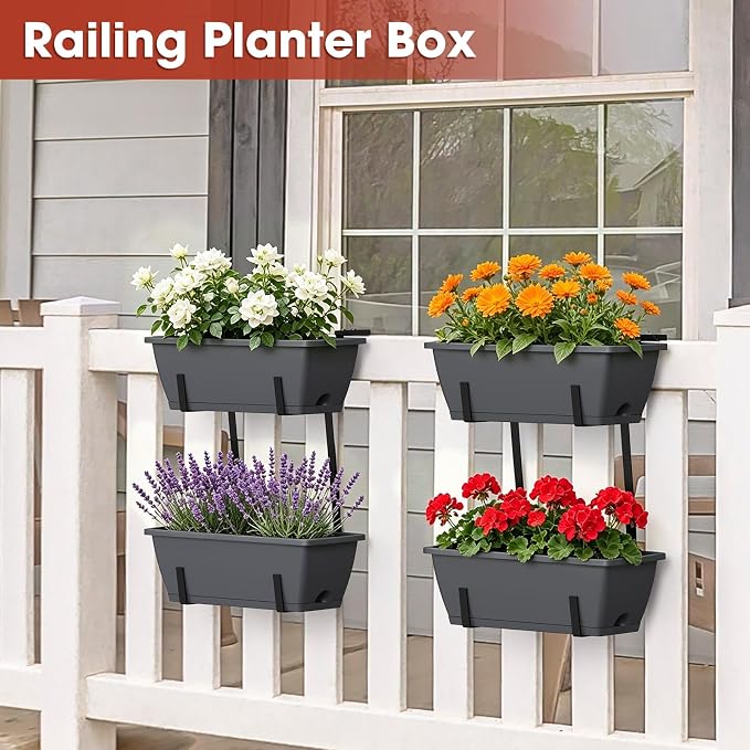 Rectangle Planters Box, 4 Pack Deck Hanging Planters for Railings, Window Box Planter with Drainage Holes & Trays, 16.9 Inch Balcony Planters Railing Hanging with Metal Brackets, Grey