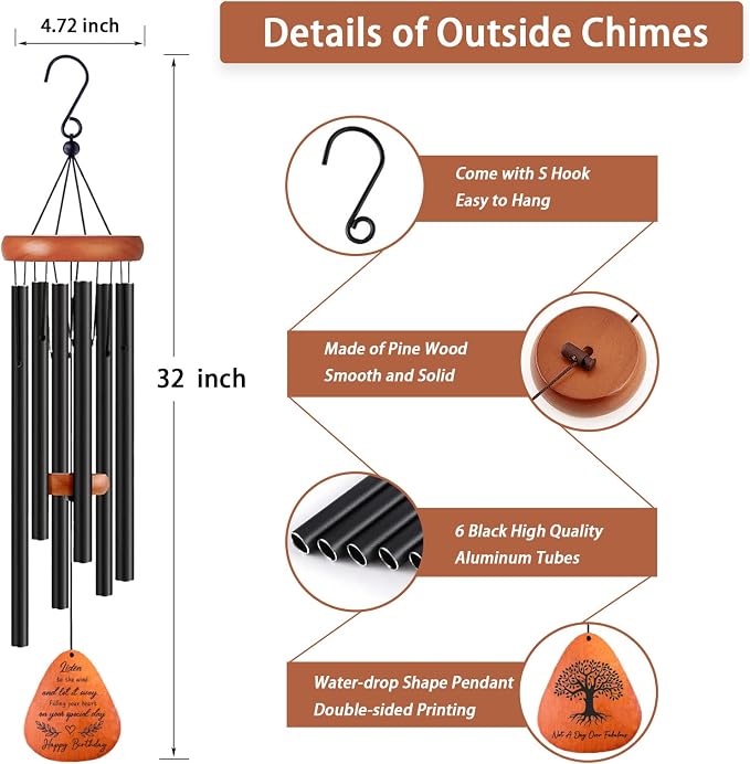 Birthday Gifts for Women Men, 32" Wind Chimes Happy Birthday Gifts Ideas for Mom Sister Friend, Windchime for Grandma Bestie Coworker Colleague