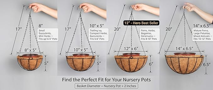 Kingbuy 14" Metal Hanging Basket with Coconut Liner – 6.5" Depth, Rust-Resistant Wire for Ferns & Herbs, Adjustable Chains & S-Hook for Balcony Porch Kitchen Window, 2 Pack
