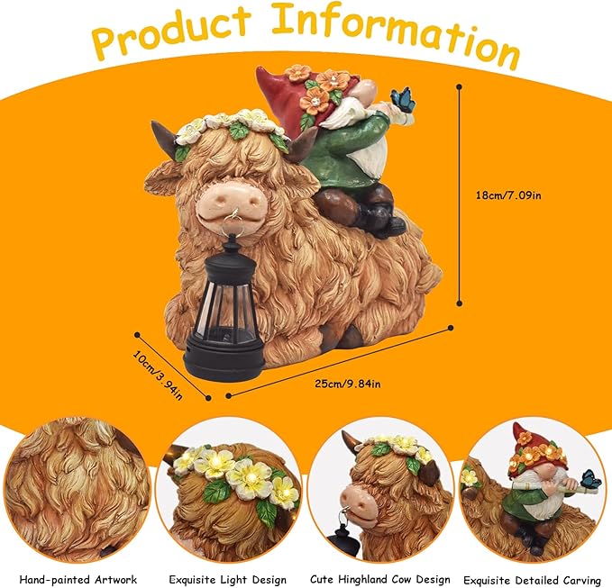 WINTS Solar Highland Cow Gnome Light,9.8" Highland Cow Statue with Lantern for Lawn Yard Outdoor Garden Decorations, Unique Gift for Mom Women Men