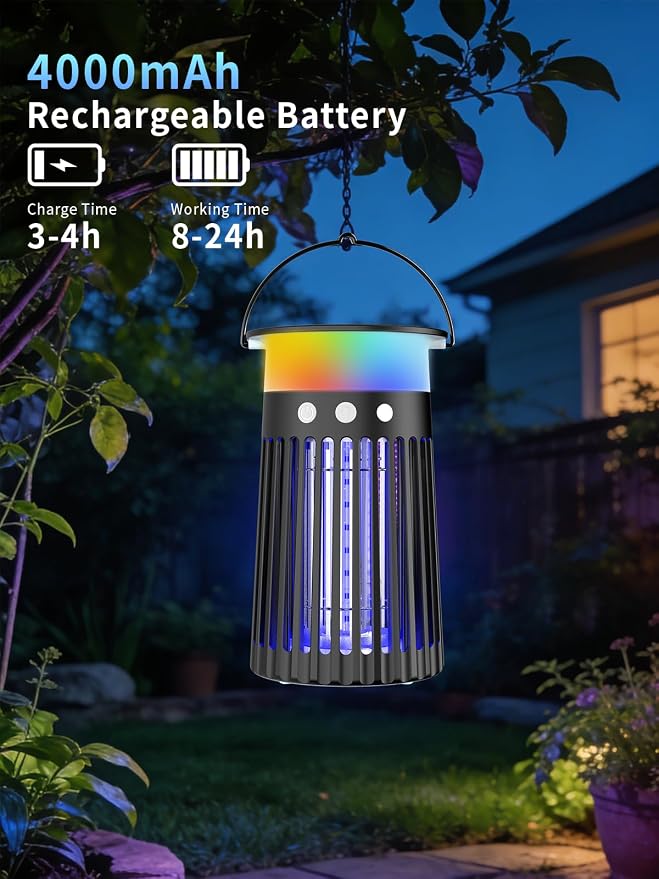 NEXLY SJZ-091 Solar Bug Zapper Portable Outdoor Waterproof Mosquito Killer Light Indoor Home Rechargeable Fruit Fly Trap Lamp 4200V Electric Gnat Traps for Room Garden Courtyard Kitchen Camping Patio