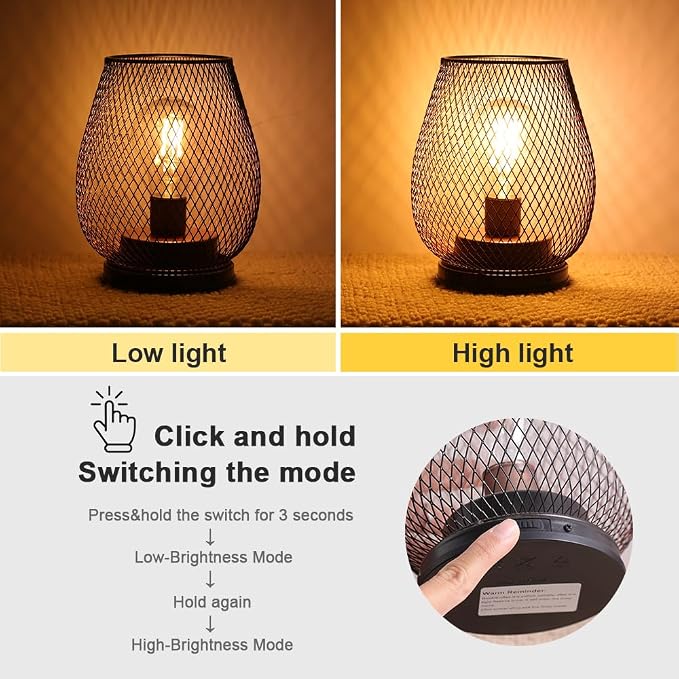 Set of 2 Rechargeable Lamp LED Table Lantern, Brown Metal Cage Cordless Lamps with LED Bulb，Vintage Decorative Outdoor Lantern for Weddings, Parties, Patio, Events for Indoors Shelf Decor