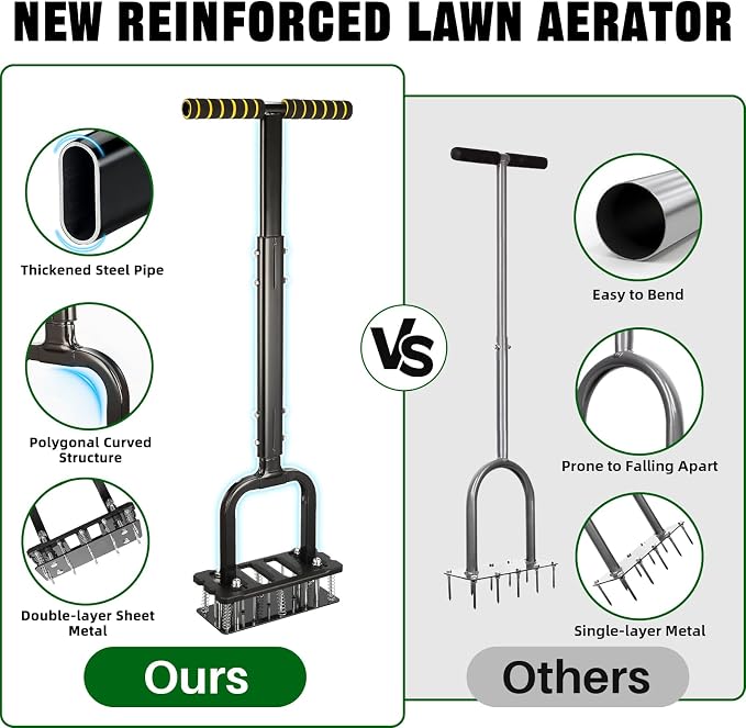 Lawn Aerator Spike Tool with 15 Iron Spikes & 6-Spring, Dual-Layer Self-Cleaning Design, Thickened Support Rod, Plastic Non-Slip Shell, Effortless Soil Loosening & Yard Aeration