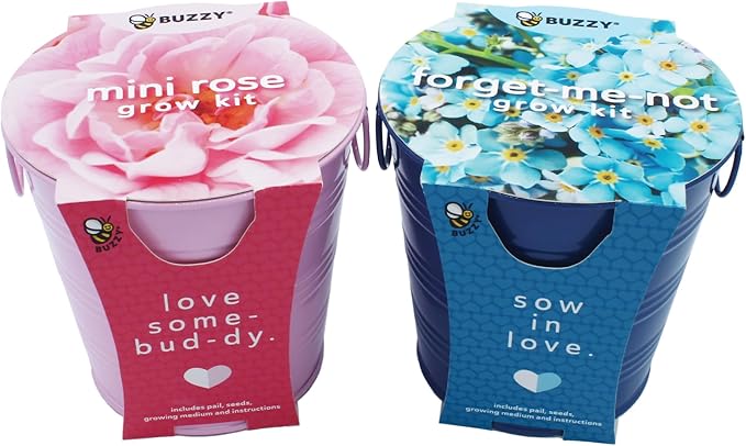 Buzzy Seeds Love Pails Grow Kit 2-Pack - Metal Windowsill Planter - Complete Indoor Gardening Kit with Seeds, Coconut Husk Growing Medium & Genuine Pots - 100% Grow Guarantee