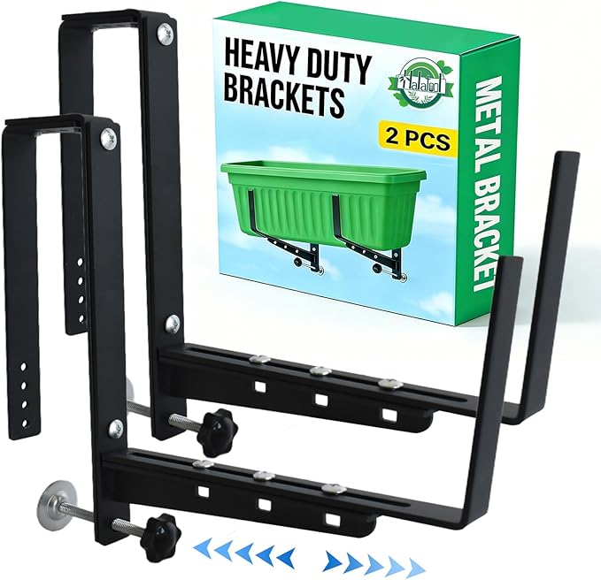 Halatool Window Box Brackets, 2 Pack Adjustable Flower Planter Box Brackets, Heavy Duty No Drill Window Box Brackets with 66 lb Capacity for Outdoor Railings, Balcony, Porch, Fence, and Garden