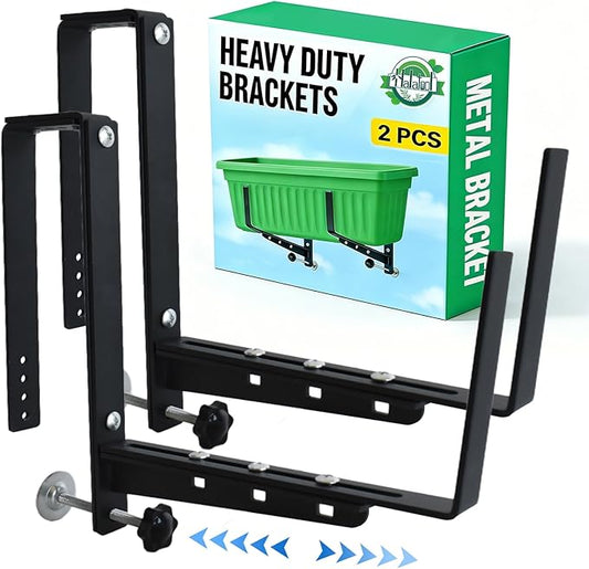 Halatool Window Box Brackets, 2 Pack Adjustable Flower Planter Box Brackets, Heavy Duty No Drill Window Box Brackets with 66 lb Capacity for Outdoor Railings, Balcony, Porch, Fence, and Garden