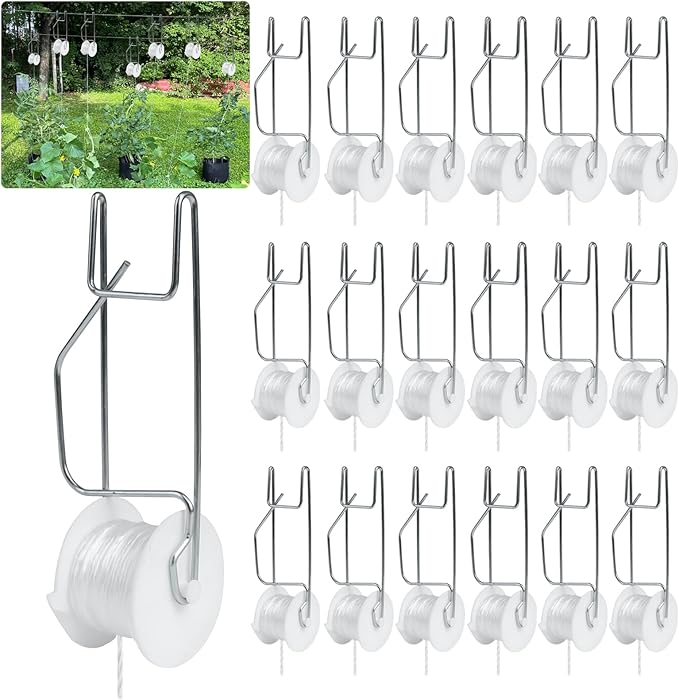 Tomato Support Hooks with String,20 Pack Tomato Trellis Roller Hooks with 49.2FT String for Plant,Greenhouse Tomato Flower Vine Twine Crop Trellis Kit Plant Roller Hook