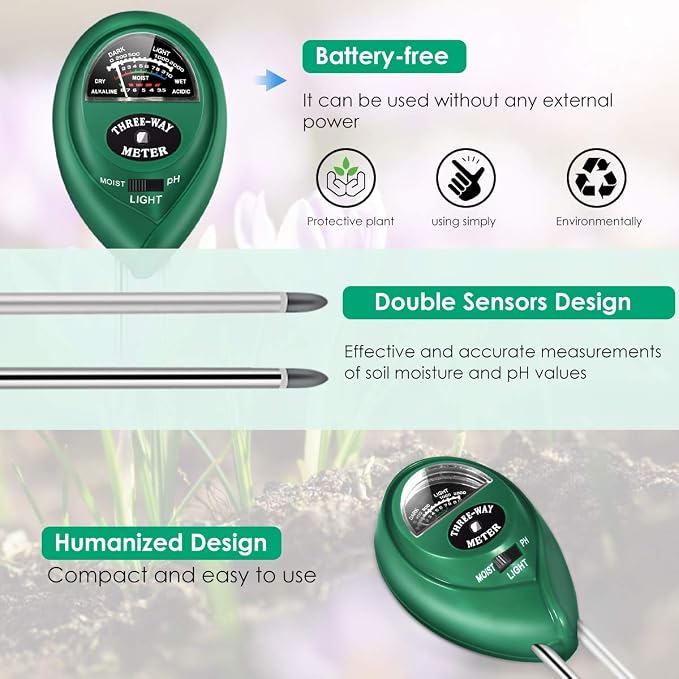 Soil Tester, Soil Moisture/PH/Light Meter Plant Soil Test Kit Indoor Outdoor Use, No Battery Needed Easy to Read Hygrometer Moisture Sensor Water Meter for Potted Plants Trees Lawn Farm Garden