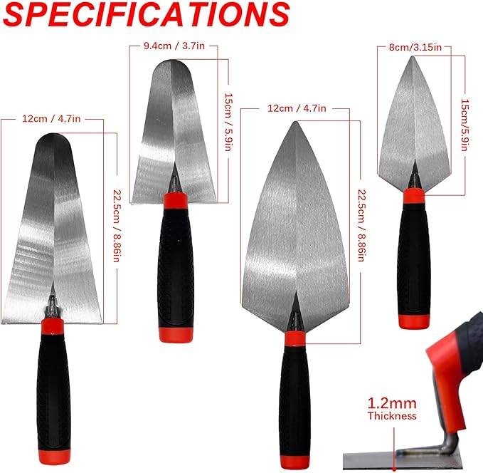 4 Bricklaying Knife Tool Sets, 6-inch and 9-inch Pointing Trowel and Putty Knife Sets, Rubber Handles, Concrete, Cement, Mortar, Mortar, Tile, Bricklaying and Putty Knives