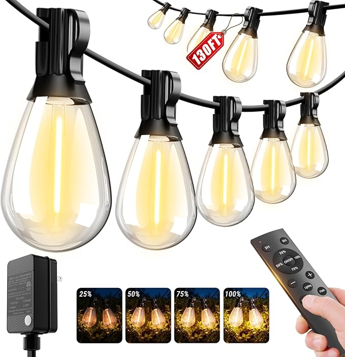 Likesky 130FT LED Outdoor String Lights with Remote Waterproof Patio Lights with Shatterproof S11 Bulbs, Dimmable Outside Hanging Light Connectable for Porch Backyard Yard Garden Decor 2700K