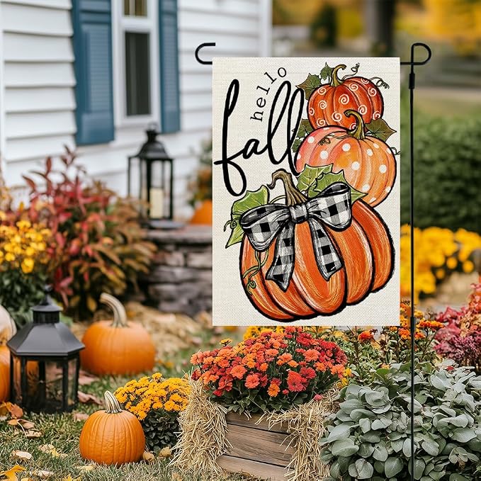 CROWNED BEAUTY Fall Welcome Pumpkins Garden Flag for Outside 12x18 Inch | Weather resistant, double-sided small yard flag. Features three pumpkins for outdoor seasonal fall decor