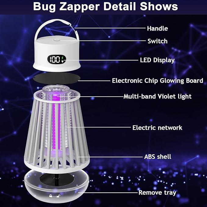 Bug Zapper Indoor Outdoor Mosquito Zapper, LED Rechargeable Fly Zappers Mosquito Killer Lamp with Storage Box, Waterproof 2000V Bug Light Trap for Home Kitchen Backyard Garden Camping Patio