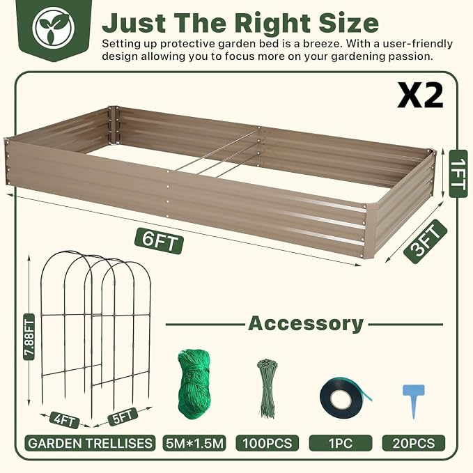 DTIG Galvanized Raised Garden Bed with Trellis, 6×3×1 FT 2 Pack Outdoor Garden Bed, Upgraded 4×3 Support, Brown
