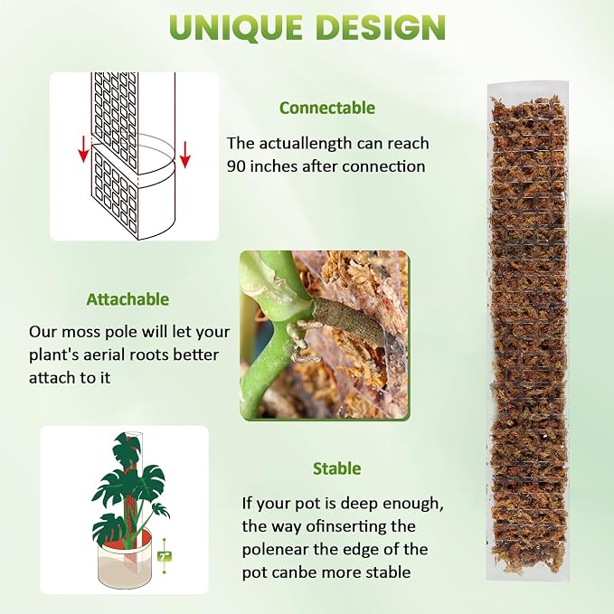 EOX 4 Pcs 48 Inch Plastic Moss Pole for Monstera, Large D Shaped Poles for Climbing Plants Work with Sphagnum Moss, 186 Inch Plant Stake Set of 4, Garden Ties