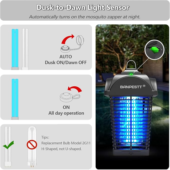 BANPESTT Bug Zapper Outdoor - Plug in Electric 4000V Mosquito Killer - Waterproof Indoor/Outdoor with Dusk-to-Dawn Sensor, Durable Grid & Easy-Clean Tray for Patio, Garden & Home (Black)