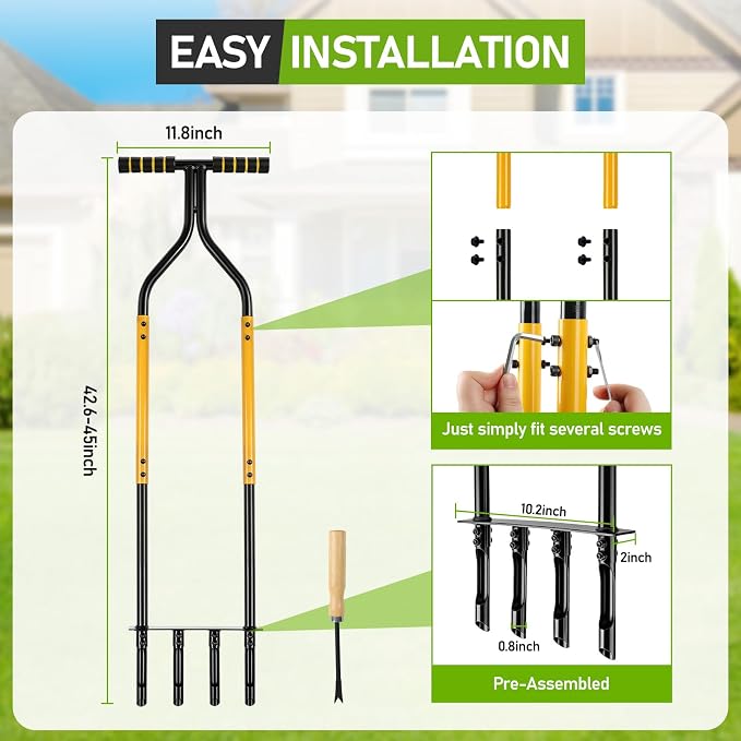 Knee-Friendly Manual Lawn Aerator Tool, 42.6-45 Inch Adjustable Height Core Aerator for Grass, Pre-Assembled Yard Aeration Tool with 4 Hollow Tines for Lawn Care and Compacted Soil