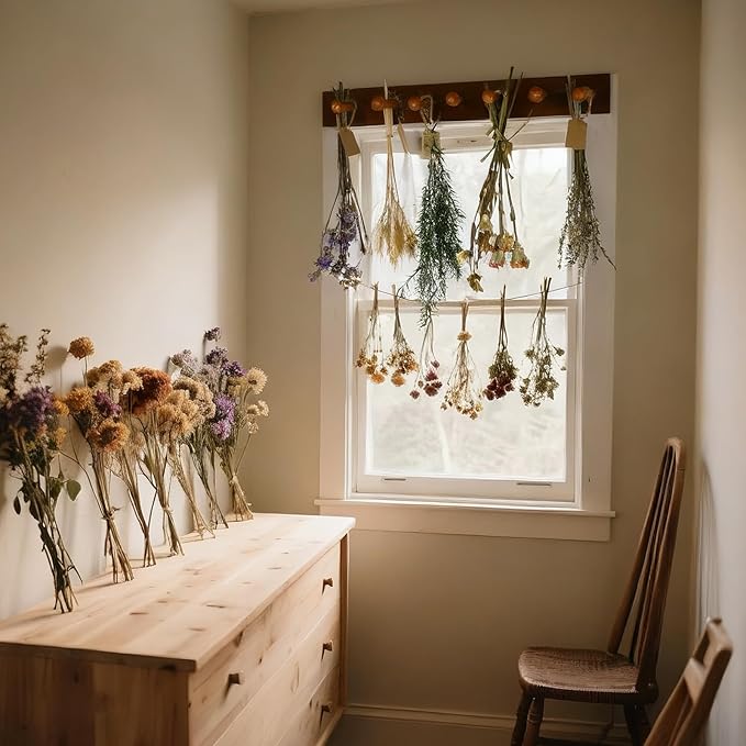 Tnstbiee Rustic Hanging Herb Drying Rack–Space-Saving Design Holds 7 Bouquets,Fits Window,Door Kitchen Areas-Great for Kitchen Witches Herb Display-Unique Gift for Gardening Enthusiasts-Wall Art Décor