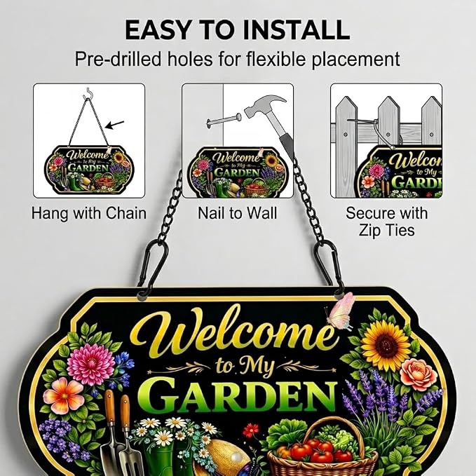 Welcome to My Garden Sign, 10 x 5 Inch Aluminum Metal Hanging Garden Sign with Chain, UV Printed Weatherproof Garden Decor Plaque for Porch, Patio, Greenhouse, Front Door or Outdoor Wall