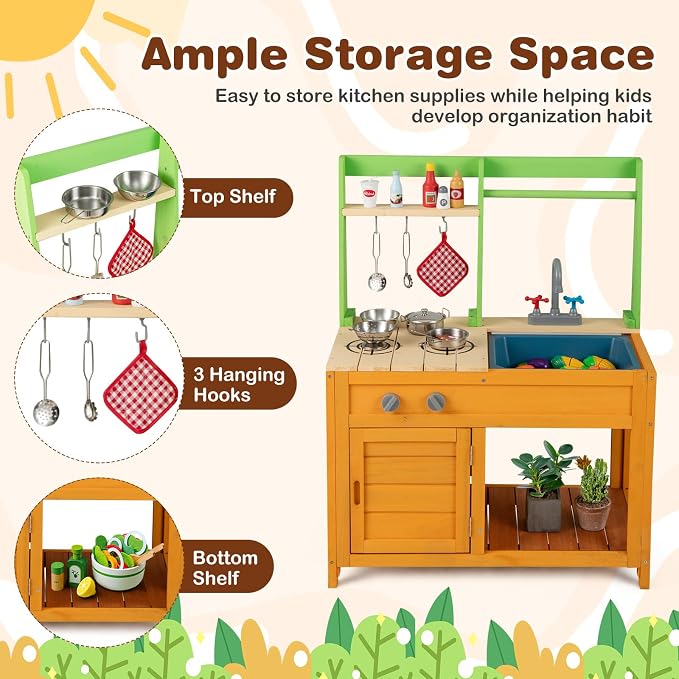 Costzon Mud Kitchen for Kids Outdoor, Wooden Play Kitchen w/Stoves, Removable Sink, Faucet, Oven, Cooking Accessories, Storage Shelves, Montessori Pretend Kitchen Playset for Girls&Boys 3+ Years Old