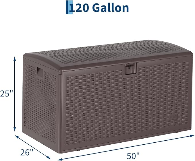 120 Gallon Waterproof Outdoor Storage Deck Box - Large Resin Patio Storage with Lockable Gas Spring Lid - Weather Resistant, Ideal for Cushions, Tools, Pool Accessories - Brown, Gas