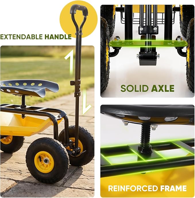 Sekey Garden Cart Rolling Workseat, Heavy Duty Garden Scooter with 360° Swivel Seat & Adjustable Height, Tool Tray & Storage Basket, 440 lbs Capacity, All-Terrain Wheels, for Seniors & Gardeners