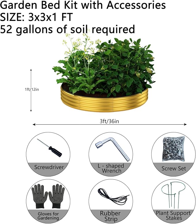 ZFHgarden Galvanized Metal Planter Round Raised Garden Bed Kit for Gardening Outdoor Garden Box Raised Flower Bed 1PC Gold 3X3X1FT