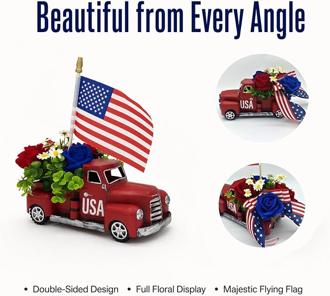 4th of July Patriotic Metal Truck Decor, Vintage Farmhouse Pickup Truck Table Centerpiece, Red White Blue Independence Day Decor for Home Dining Table Mantel Shelf Indoor Party Ornaments