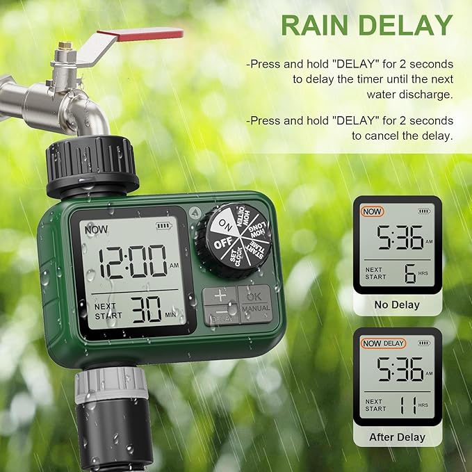 Water Timer for Outdoor Garden Hose, Sprinkler Timer for Garden Faucet with Auto/Manual/Rain Delay Mode, Sprinkler Irrigation Controller for Yard Lawn (1 Zone Plastic Inlet-2 Pack)