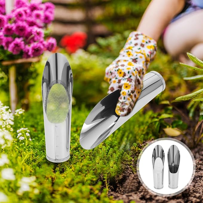 BESTonZON 2Pcs Small Soil Scoop and Sifter Set, Stainless Steel Bucket Shovel Bonsai Tools for Indoor Plants, Dirt Scooper Potting Spade for Succulent