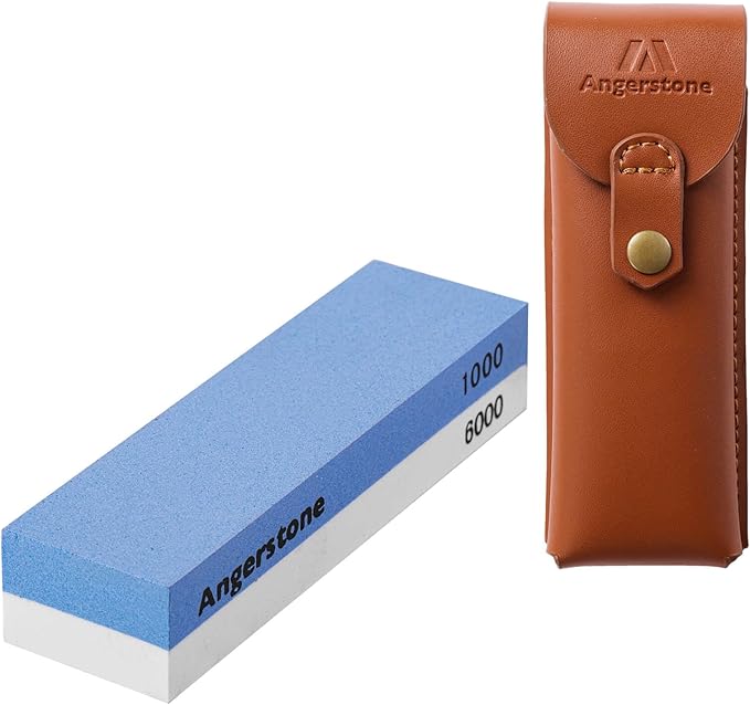 Angerstone Pocket Knife Sharpener Stone 1000/6000 Kit-Professional Whetstone Knife Sharpening Stone - field Sharpening Stones for Knives with Cowhide Pouch for Bushcraft, Camping, Field Use