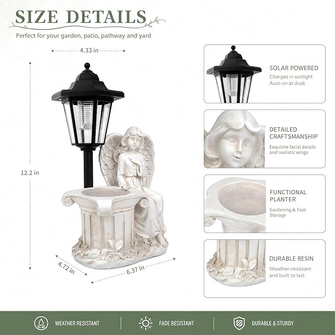 Solar Angel Outdoor Statues, Garden Sculptures with Lantern & Flower Pot, Angel Figurines for Yard Lawn Porch Patio Balcony Decor- Gifts for Women Mom Grandma