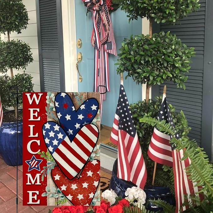 CROWNED BEAUTY 4th of July Patriotic Welcome Garden Flag 12x18 Inch Double Sided USA Flag Hearts Blue Red Memorial Day Independence Day Outside Yard Party Decoration